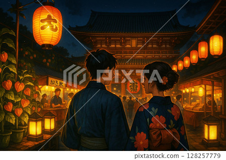 Couple on a date at a temple at night Couple on a date at a temple at night 128257779