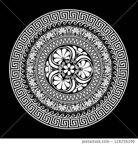 Round frame with Greek ornament. Classic Greek key, wave, floral meanders. Patterns of Greece, ancient Rome. Greek key meanders. Round greek frame. Circle european border. For textile, engraving 128258190