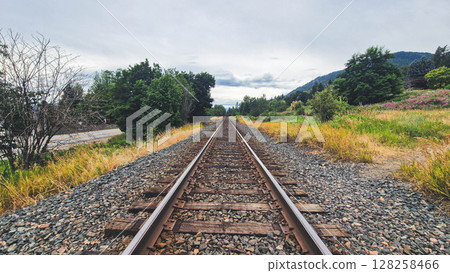 Railway Tracks Through Scenic Countryside Landscape 128258466