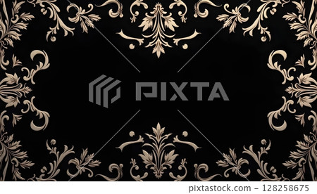 Intricate black ornamental wallpaper, royal damask design with elegant flourish 128258675