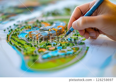 Detailed architectural model with landscaping design top view 128258697