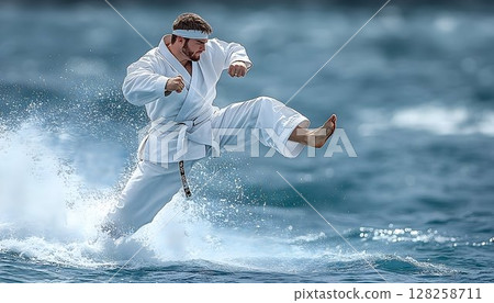 Karate kick water action powerful martial arts athlete 128258711