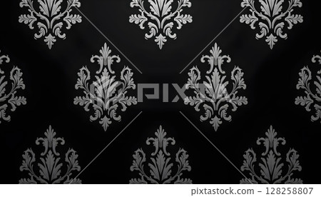 Seamless dark damask design, elegant Victorian floral style in black tones Seamless dark damask design, elegant Victorian floral style in black tones 128258807