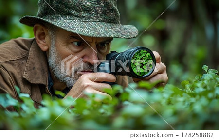 Nature photographer focused on wildlife through camera lens 128258882