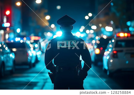 Police officer on city street at night law enforcement safety security 128258884