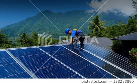 Solar panel installation on rooftop green energy sustainable technology Solar panel installation on rooftop green energy sustainable technology 128258890