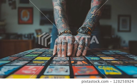 Detailed close up of heavily tattooed hands on colorful surface 128258924