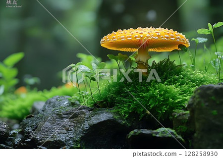 Vibrant yellow mushroom in green moss macro photography 128258930