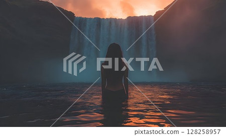 Woman contemplating majestic waterfall at sunset 128258957