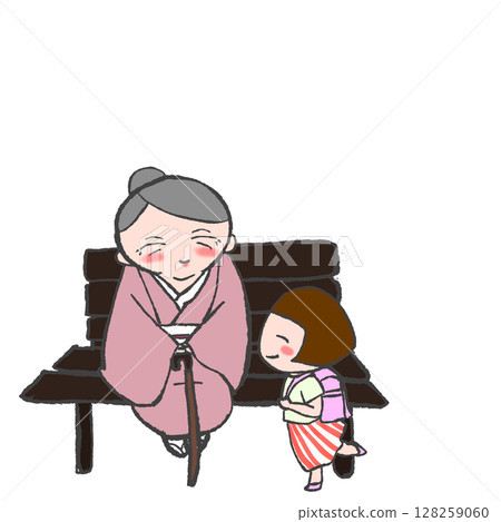 A girl talking to an old woman sitting on a bench 128259060