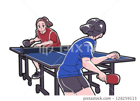 Illustration of two girls playing table tennis Illustration of two girls playing table tennis 128259113
