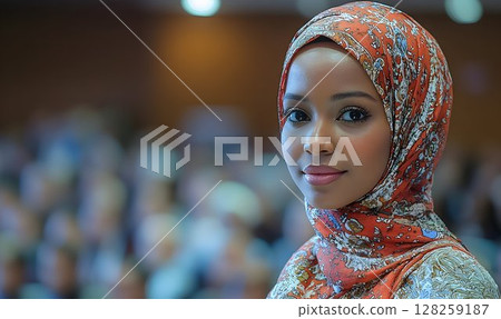 Smiling woman in floral headscarf portrait 128259187