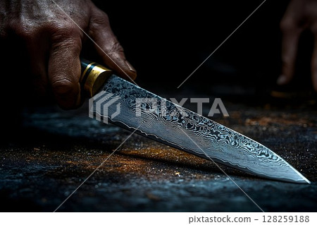 Handcrafted knife close up detailed view of forged blade and texture 128259188