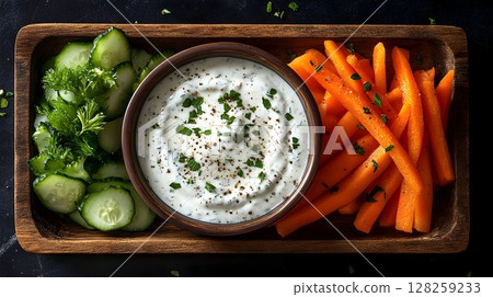 Creamy dip with carrot and cucumber healthy snack food Creamy dip with carrot and cucumber healthy snack food 128259233