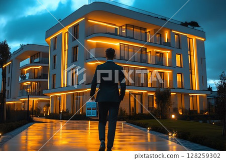 Modern apartment building at night man walking 128259302