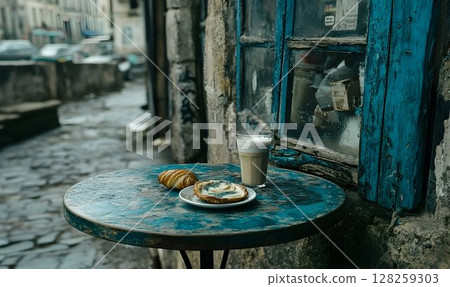 Rustic morning coffee and croissant on a cobblestone street 128259303