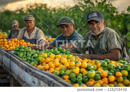 Farmworkers harvesting ripe tomatoes agricultural workers picking fresh produce in field Farmworkers harvesting ripe tomatoes agricultural workers picking fresh produce in field 128259430