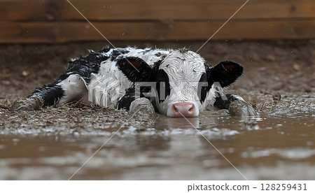 Newborn calf resting in mud puddle 128259431