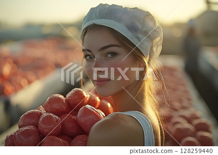 Smiling female farm worker harvesting ripe tomatoes at sunset 128259440