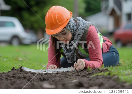 Woman engineer examining soil sample outdoors construction site 128259441