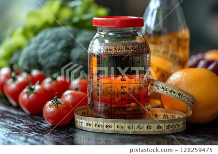 Healthy eating concept fresh produce and measuring jar 128259475