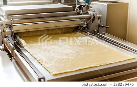Industrial dough processing machine flat dough sheet on conveyor belt 128259476