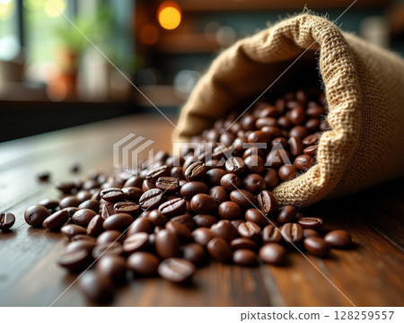 Rustic Morning Light on Roasted Coffee Beans Spilling from Burlap Sack 128259557