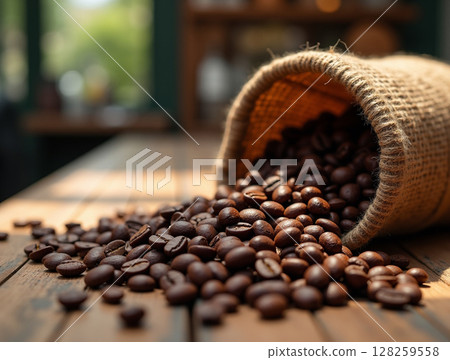 Glossy Roasted Coffee Beans Spilling from Burlap Sack on Wooden Table with Warm Bokeh Background 128259558