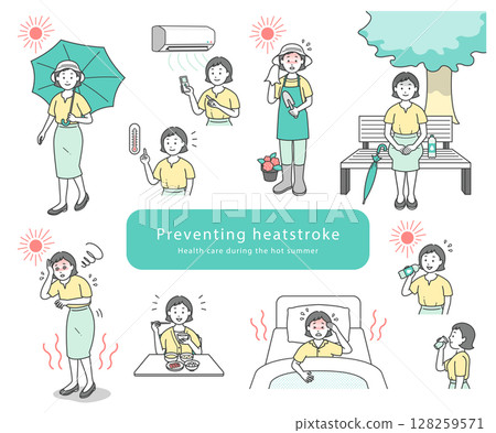 Simple line drawing illustration set of a young woman taking measures against heat stroke 128259571