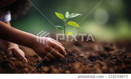 Close up of child hands planting young tree. 128259675
