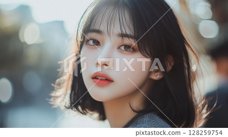 Portrait of a beautiful young woman smiling and looking at camera. Woman portrait 128259754