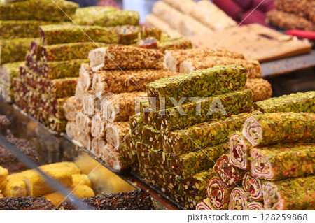 Turkish traditional sweet Turkish delight sold in the market Turkish traditional sweet Turkish delight sold in the market 128259868