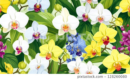 array of colorful spring flowers, including delicate pink orchids and purple blossoms, creates a beautiful garden background 128260080