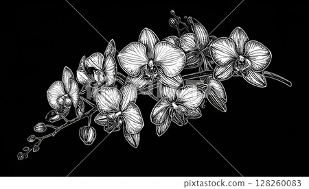 Blooming white orchid flower isolated on a black background, showcasing its beautiful petals and natural elegance Blooming white orchid flower isolated on a black background, showcasing its beautiful petals and natural elegance 128260083