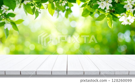 Empty wooden picnic table in a sunlit spring meadow with green grass and bokeh Empty wooden picnic table in a sunlit spring meadow with green grass and bokeh 128260099