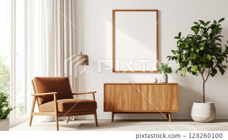 Modern interior design of a comfortable living room featuring stylish wooden furniture, a cozy sofa, and warm lighting, creating a luxurious lounge in a contemporary home 128260100