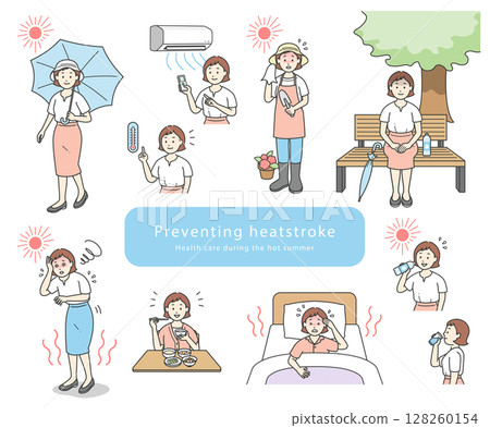 簡單線條畫插圖集,描繪一名年輕女子採取防中暑措施 簡單線條畫插圖集,描繪一名年輕女子採取防中暑措施 128260154