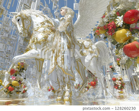 Celestial Being Rides a White Steed, Amidst a City of Blooms and Fruit 128260230