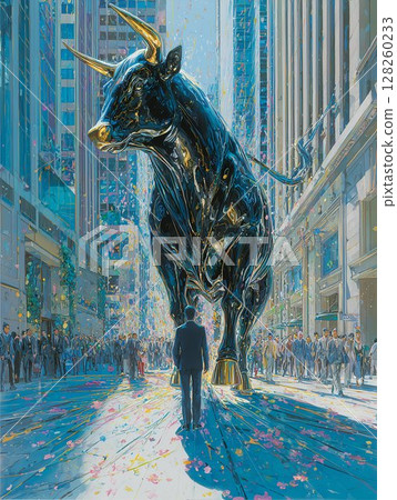 Colossal Bull Dominates City Street, Man Observes the Imposing Figure 128260233