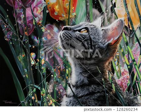 Curious Kitten Amidst Vibrant Flowers And Dew Drops Curious Kitten Amidst Vibrant Flowers And Dew Drops 128260234