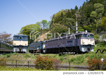 Vehicles on display at the Usui Pass Railway Culture Park, Railway Museum in Yokokawa, Matsuida-cho, Annaka City, Gunma Prefecture 128260376