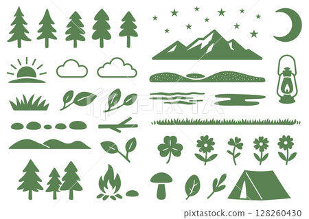 自然與露營插圖設置綠色 自然與露營插圖設置綠色 128260430