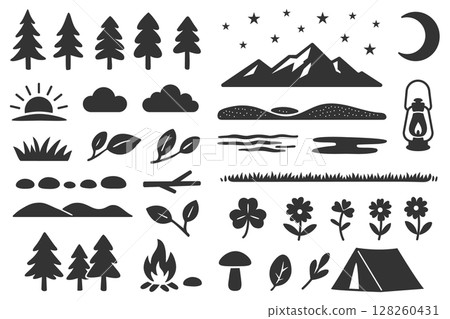 自然和露營插圖集單色 128260431