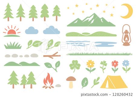為兒童設計的柔和色彩的自然和露營插圖套裝 128260432