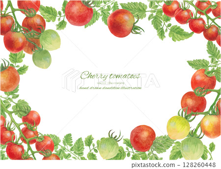 Vector illustration of a watercolor cherry tomato frame background 128260448