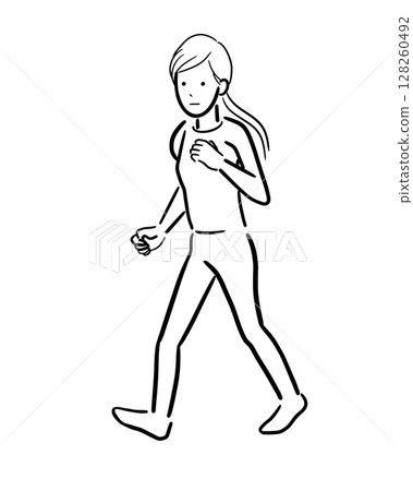 單色插畫:一位面無表情奔跑的女子 單色插畫:一位面無表情奔跑的女子 128260492