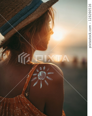 Woman at Beach with Sun Paint and Straw Hat at Sunset Glow 128260516