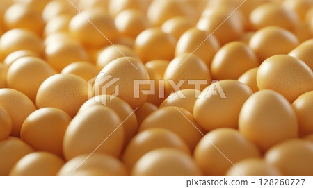 Close-Up View of Fresh Yellow Eggs Piled Together on a Surface Close-Up View of Fresh Yellow Eggs Piled Together on a Surface 128260727