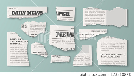 Torn newspaper fragments 128260878