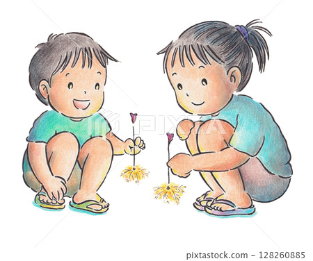 小孩玩煙火的插圖 小孩玩煙火的插圖 128260885